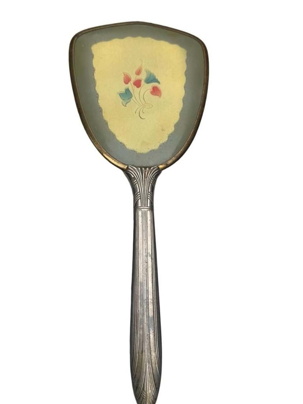 Vintage Art Deco Handheld Vanity Mirror Floral Motif Gold Tone